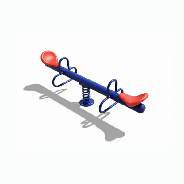 لعبة كراسي توازن ثنائية في حديقة خضراء، بتصميم معدني قوي ومقاعد بلاستيكية مريحة، جاهزة للاستخدام من قبل طفلين.