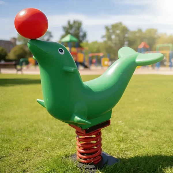 كرسي هزاز للأطفال بتصميم دولفين أخضر، مصنوع من البلاستيك المتين مع مقابض يد مريحة، موضوع على أرضية