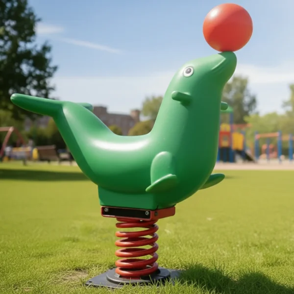 كرسي هزاز للأطفال بتصميم دولفين أخضر، مصنوع من البلاستيك المتين مع مقابض يد مريحة، موضوع على أرضية