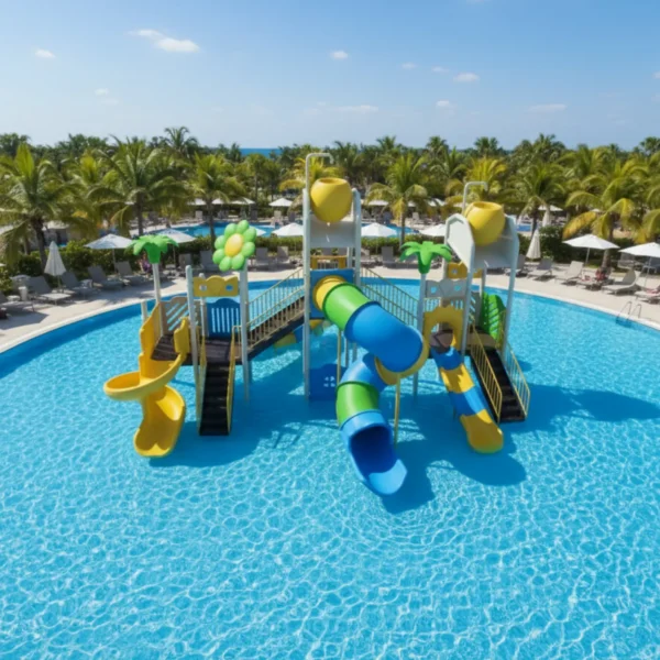 مجموعة زحاليق أطفال ضخمة، تحتوي على زحليقتين حلزونيتين وزحليقة فردية، مصممة بألوان زاهية، مثبتة داخل مسبح.