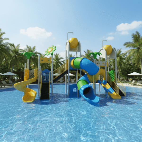 مجموعة زحاليق أطفال ضخمة، تحتوي على زحليقتين حلزونيتين وزحليقة فردية، مصممة بألوان زاهية، مثبتة داخل مسبح.