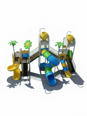 مجموعة زحاليق أطفال ضخمة، تحتوي على زحليقتين حلزونيتين وزحليقة فردية، مصممة بألوان زاهية، مثبتة داخل مسبح.