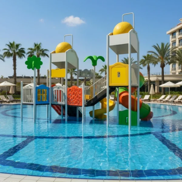 مجموعة زحاليق مائية كبيرة ومتكاملة للمسابح، بألوان زاهية وتصميم متعدد يضم زحاليق حلزونية ومستقيمة وسلالم.