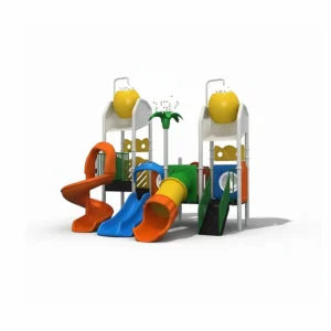 مجموعة زحاليق مائية متوسطة الحجم، بتصميم عصري وألوان زاهية، تتكون من زحليقة ثنائية وزحليقة مستقيمة وحلزونية وسلالم.