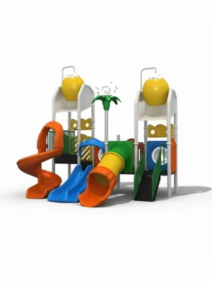 مجموعة زحاليق مائية متوسطة الحجم، بتصميم عصري وألوان زاهية، تتكون من زحليقة ثنائية وزحليقة مستقيمة وحلزونية وسلالم.