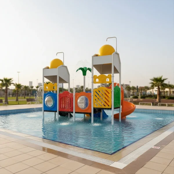 مجموعة زحاليق مائية متوسطة الحجم، بتصميم عصري وألوان زاهية، تتكون من زحليقة ثنائية وزحليقة مستقيمة وحلزونية وسلالم.