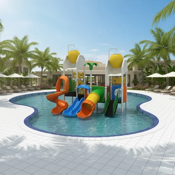 مجموعة زحاليق مائية متوسطة الحجم، بتصميم عصري وألوان زاهية، تتكون من زحليقة ثنائية وزحليقة مستقيمة وحلزونية وسلالم.