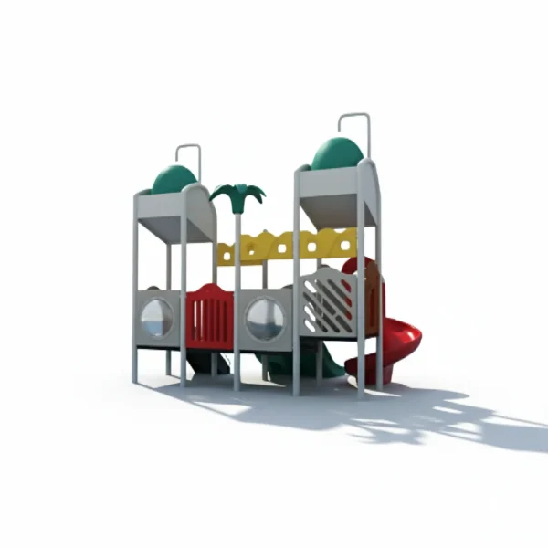 مجموعة زحاليق مائية متوسطة الحجم، بتصميم عصري يضم 3 زحاليق (مزدوجة، حلزونية، ومستقيمة) ودلوين مياه. هيكلها المعدني باللون الأبيض مصمم ليكون مقاومًا للحرارة، وهي مناسبة للمسابح في الشاليهات والمزارع