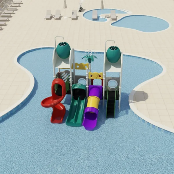 مجموعة زحاليق مائية متوسطة الحجم، بتصميم عصري يضم 3 زحاليق (مزدوجة، حلزونية، ومستقيمة) ودلوين مياه. هيكلها المعدني باللون الأبيض مصمم ليكون مقاومًا للحرارة، وهي مناسبة للمسابح في الشاليهات والمزارع