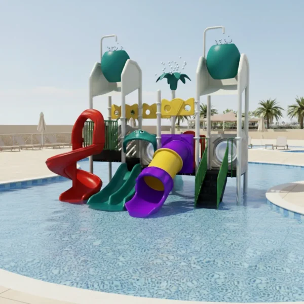 مجموعة زحاليق مائية متوسطة الحجم، بتصميم عصري يضم 3 زحاليق (مزدوجة، حلزونية، ومستقيمة) ودلوين مياه. هيكلها المعدني باللون الأبيض مصمم ليكون مقاومًا للحرارة، وهي مناسبة للمسابح في الشاليهات والمزارع