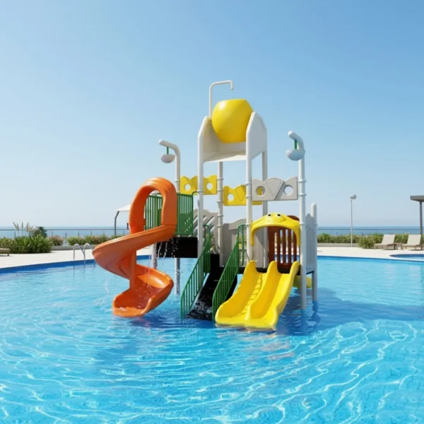 مجموعة زحاليق مائية ثلاثية للأطفال، تتضمن زحليقة مزدوجة وزحليقة حلزونية، مع سلم صعود ودلو ماء علوي.