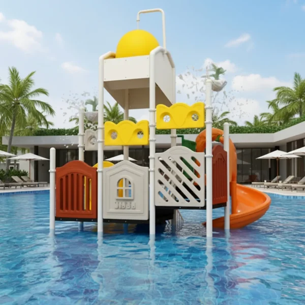 مجموعة زحاليق مائية ثلاثية للأطفال، تتضمن زحليقة مزدوجة وزحليقة حلزونية، مع سلم صعود ودلو ماء علوي.