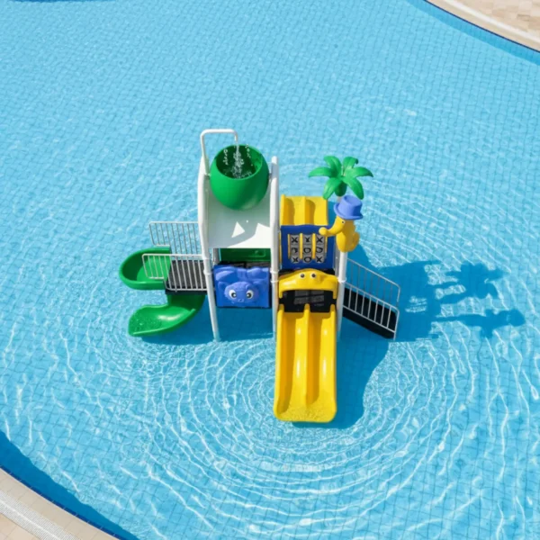 مجموعة زحاليق مائية صغيرة للأطفال، تتضمن زحليقة مزدوجة وزحليقة حلزونية، بألوان زاهية وتصميم آمن.