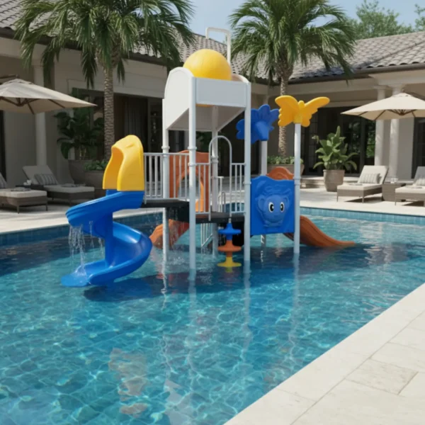 مجموعة زحاليق مائية متوسطة الحجم للمسابح المنزلية، بهيكل حديدي قوي مع قواعد ثابتة وحواجز بيضاء.