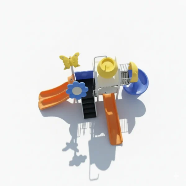 مجموعة زحاليق مائية متوسطة الحجم للمسابح المنزلية، بهيكل حديدي قوي مع قواعد ثابتة وحواجز بيضاء.