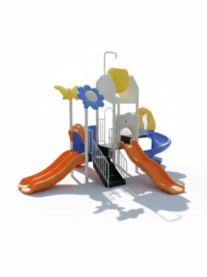 مجموعة زحاليق مائية متوسطة الحجم للمسابح المنزلية، بهيكل حديدي قوي مع قواعد ثابتة وحواجز بيضاء.