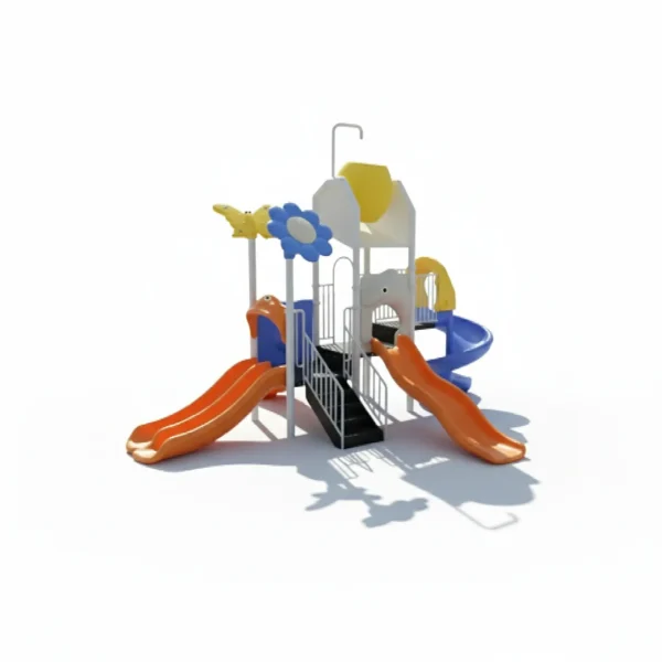 مجموعة زحاليق مائية متوسطة الحجم للمسابح المنزلية، بهيكل حديدي قوي مع قواعد ثابتة وحواجز بيضاء.