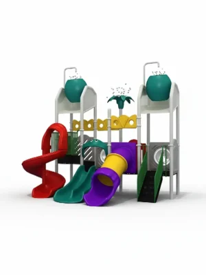 مجموعة زحاليق مائية متوسطة الحجم، بتصميم عصري يضم 3 زحاليق (مزدوجة، حلزونية، ومستقيمة) ودلوين مياه. هيكلها المعدني باللون الأبيض مصمم ليكون مقاومًا للحرارة، وهي مناسبة للمسابح في الشاليهات والمزارع