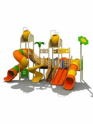 مجموعة زحاليق مائية كبيرة ومتكاملة للمسابح، بألوان زاهية وتصميم متعدد يضم زحاليق حلزونية ومستقيمة وسلالم.