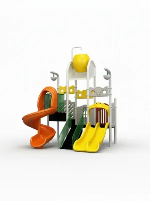 مجموعة زحاليق مائية ثلاثية للأطفال، تتضمن زحليقة مزدوجة وزحليقة حلزونية، مع سلم صعود ودلو ماء علوي.