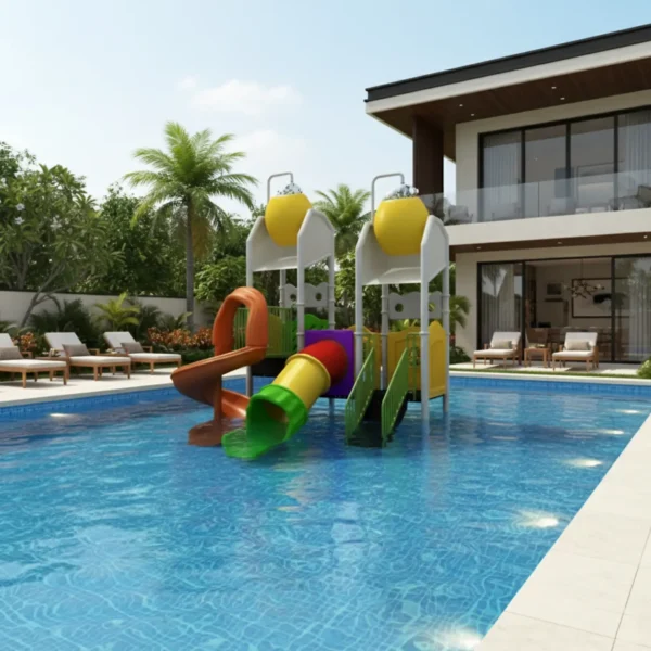 مجموعة زحاليق مائية صغيرة الحجم، بأبعاد (3.3م x 3.3م x 4.9م)، تضم زحليقة حلزونية وزحليقة أنبوبية.