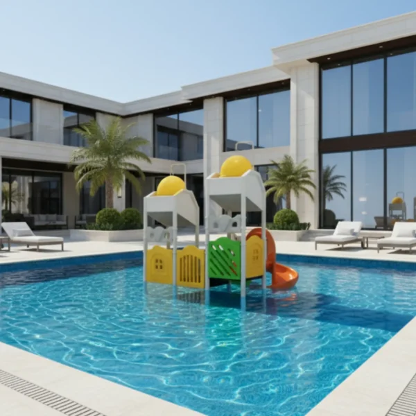 مجموعة زحاليق مائية صغيرة الحجم، بأبعاد (3.3م x 3.3م x 4.9م)، تضم زحليقة حلزونية وزحليقة أنبوبية.