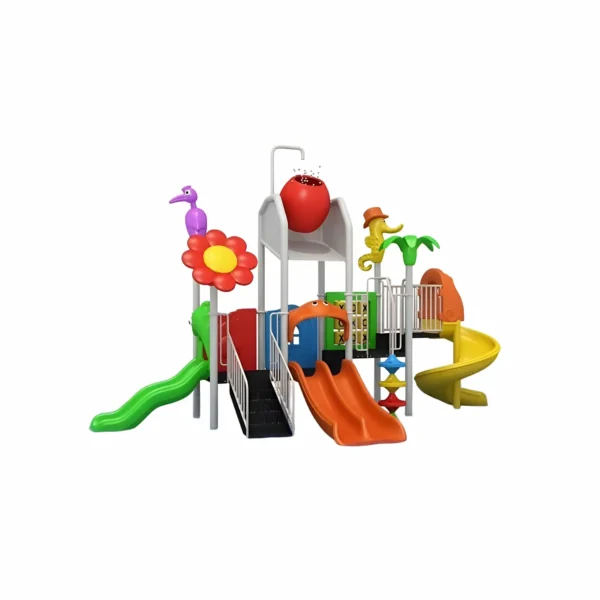 مجموعة زحاليق مائية متوسطة الحجم للأطفال والبالغين، تتضمن زحاليق مزدوجة وحلزونية ومنفردة، مع سلم صعود آمن.