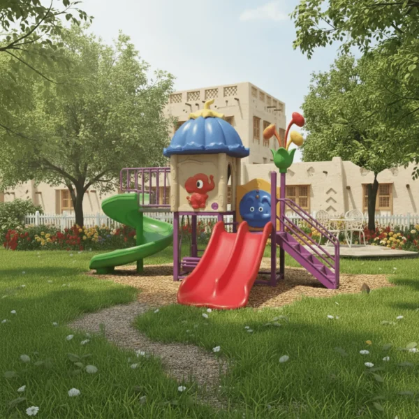 مجموعة زحاليق ومراجيح صغيرة للأطفال في الحديقة المنزلية