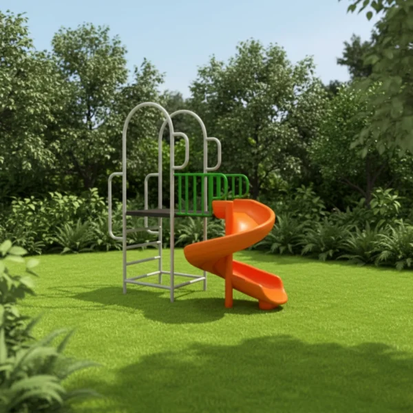 حلزونية متوسطة الحجم بألوان زاهية مثبتة في حديقة أطفال مع سلم آمن