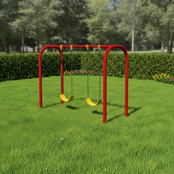 مرجيحة ثنائية متوسطة الحجم للأطفال مع هيكل معدني وبلاستيك عالي الجودة، مصممة للعب آمن وممتع لطفلين في الحديقة أو الفناء.