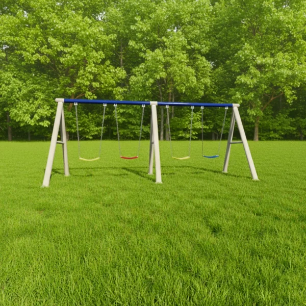 مجموعة المراجيح الرباعية كبيرة الحجم للأطفال – أربع مقاعد متجاورة، هيكل معدني متين وبلاستيك آمن، ألوان جذابة ومناسبة للحدائق الخارجية.