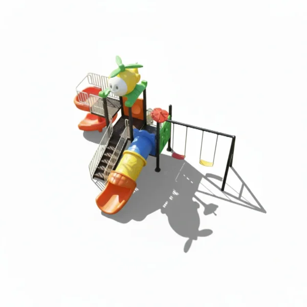 وحدة الزحاليق والمراجيح صغيرة الحجم للأطفال – تصميم متكامل بمرجيحة وزحليقتين وسلم معدني