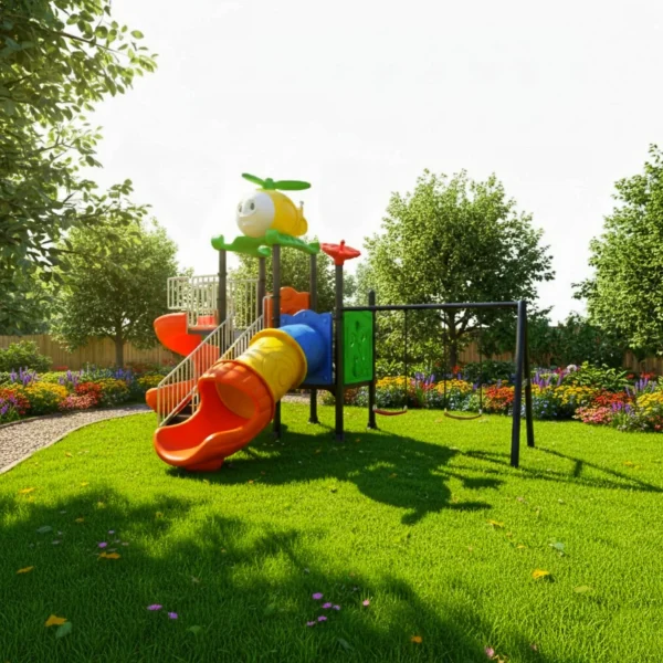 وحدة الزحاليق والمراجيح صغيرة الحجم للأطفال – تصميم متكامل بمرجيحة وزحليقتين وسلم معدني