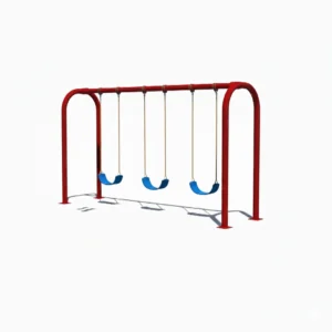 مجموعة المراجيح الثلاثية كبيرة الحجم للأطفال في حديقة منزلية، مصنوعة من هيكل معدني وبلاستيك متين، مع ثلاثة مقاعد متجاورة، ألوان زاهية وتصميم آمن.