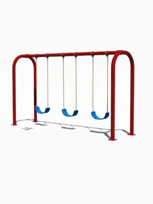 مجموعة المراجيح الثلاثية كبيرة الحجم للأطفال في حديقة منزلية، مصنوعة من هيكل معدني وبلاستيك متين، مع ثلاثة مقاعد متجاورة، ألوان زاهية وتصميم آمن.