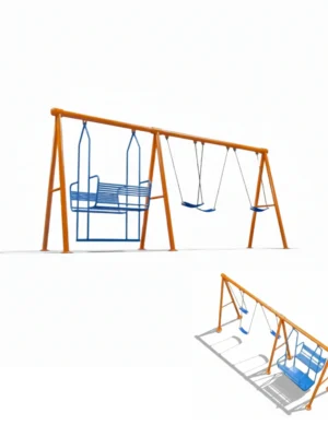 مرجيحة حديقة بخمسة مقاعد بتصميم عصري وأنيق، مصنوعة من الحديد بألوان جميلة متعددة ومقاعد بلاستيكية ملونة، مثبتة في حديقة خضراء.