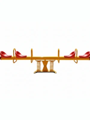 لعبة توازن الميزان الرباعي في حديقة، مصنوعة من هيكل معدني متين ومقاعد بلاستيكية ملونة، مصممة لتتسع لأربعة أطفال.