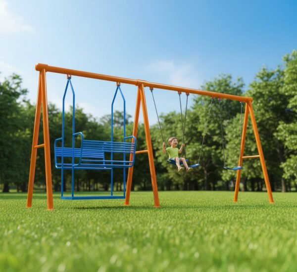 مرجيحة حديقة بخمسة مقاعد بتصميم عصري وأنيق، مصنوعة من الحديد بألوان جميلة متعددة ومقاعد بلاستيكية ملونة، مثبتة في حديقة خضراء.