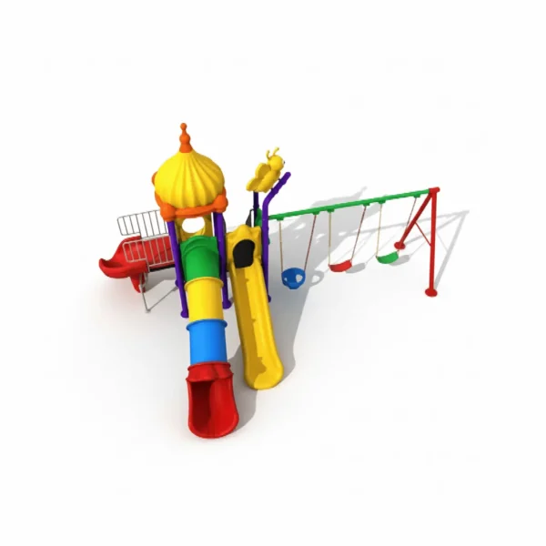 ملعب حديقة متكامل متوسط الحجم يحتوي على مراجيح وزحاليق متعددة للأطفال