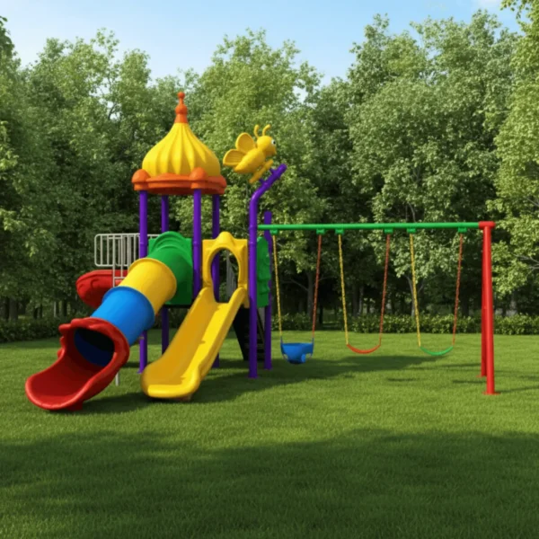 ملعب حديقة متكامل متوسط الحجم يحتوي على مراجيح وزحاليق متعددة للأطفال
