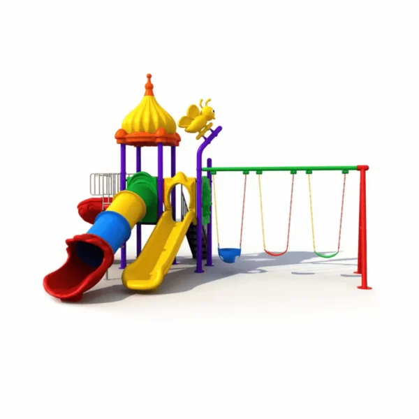 ملعب حديقة متكامل متوسط الحجم يحتوي على مراجيح وزحاليق متعددة للأطفال